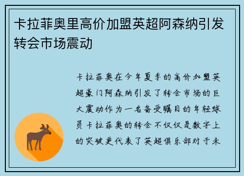 卡拉菲奥里高价加盟英超阿森纳引发转会市场震动 卡拉菲奥里高价加盟英超阿森纳引发转会市场震动