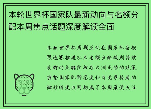本轮世界杯国家队最新动向与名额分配本周焦点话题深度解读全面 本轮世界杯国家队最新动向与名额分配本周焦点话题深度解读全面